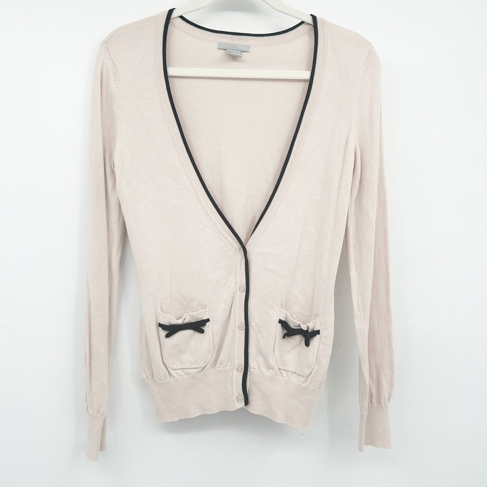 H&M Womens Coquette Dainty Light Pink Knit Cardigan Black Trim Bow Pocket Size S